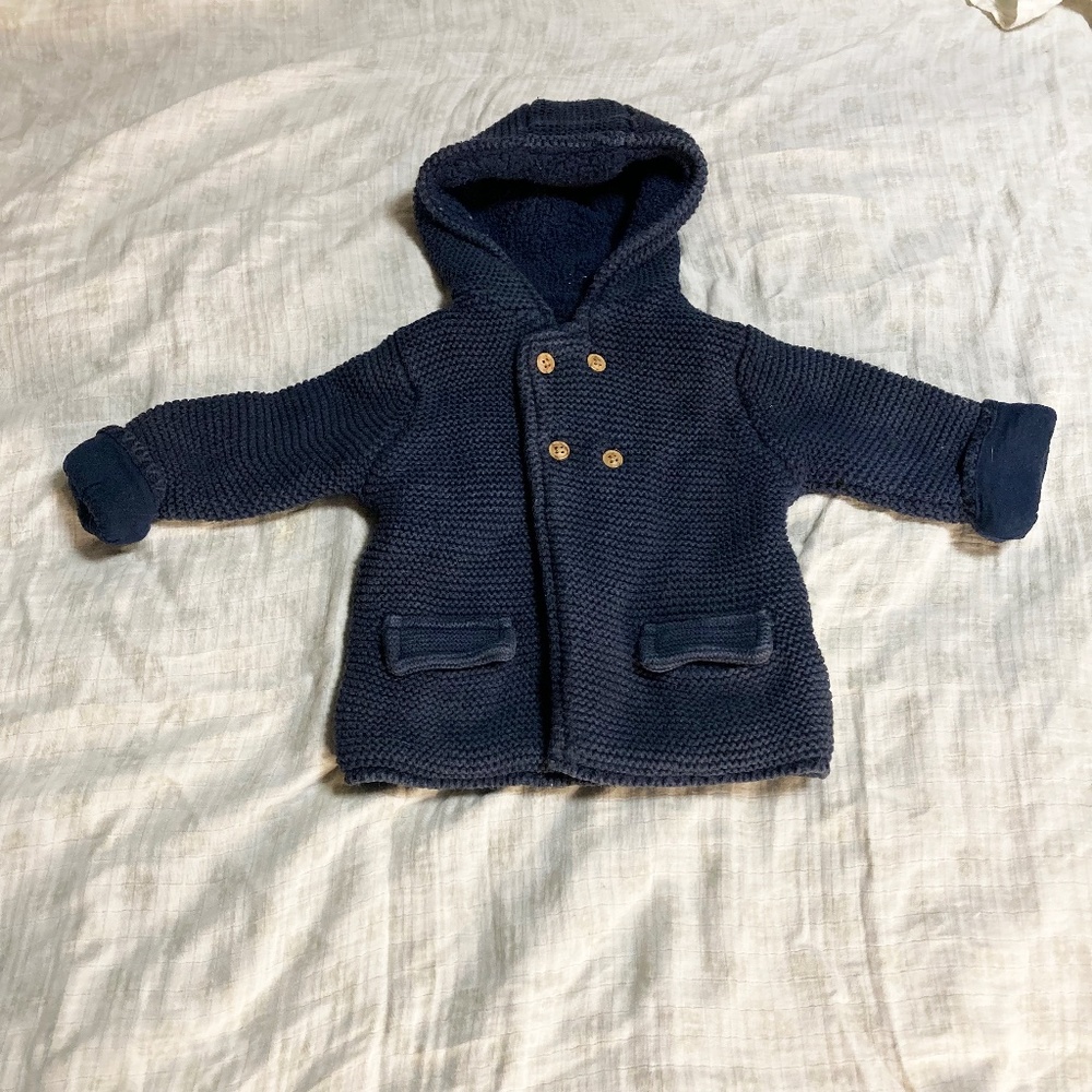M&S Blue Double Knit Fleece Lined Double Breasted with Hood Coat (9-12Months)
